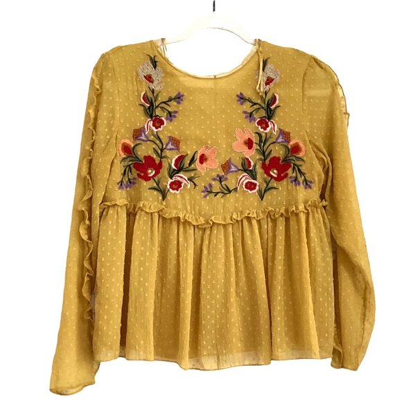 Zara Tops - zara trafaluc embroidered yellow floral blouse women's size s